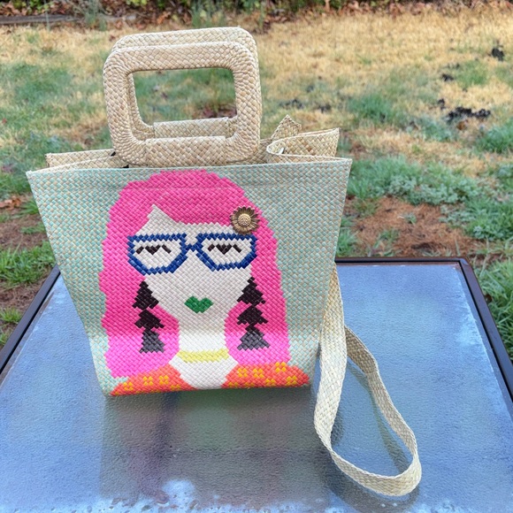 Ann Gaylord Handbags - Woven Straw Tote with Pink Hair Girl Motif - Unbranded